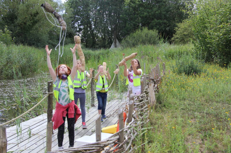 school children by ponds at carymoor
