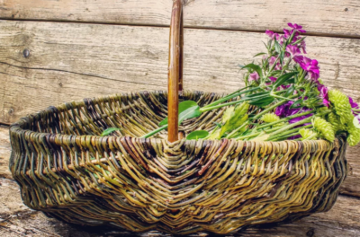 A willow basket filled with flowers
