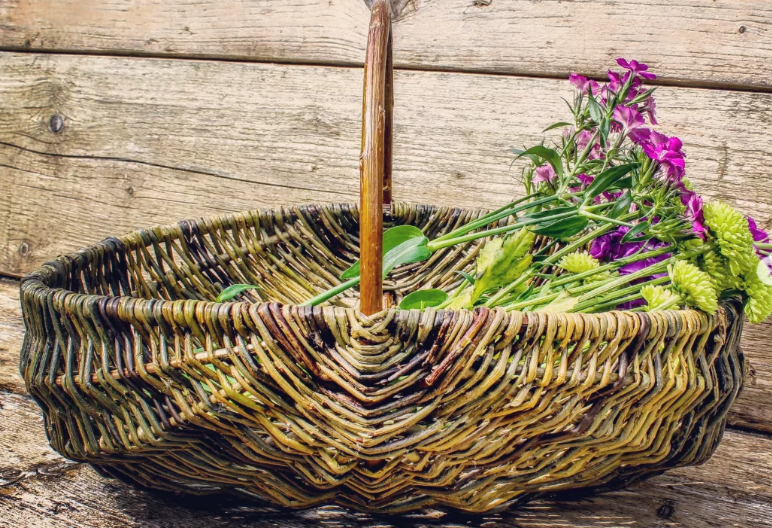 A willow basket filled with flowers